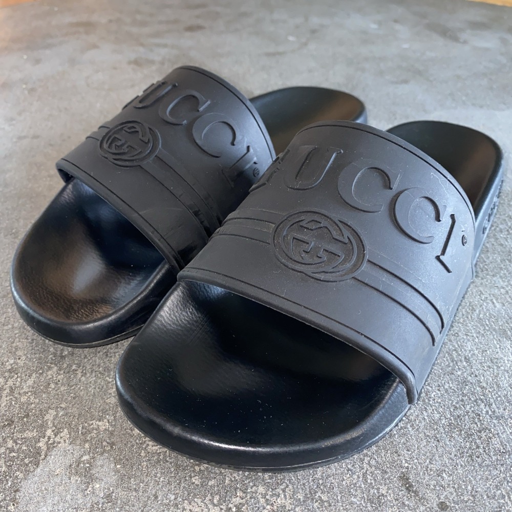 GUCCI Sandals Logo Slide Shoes Shower Sandals Pool Rubber Black Size 6